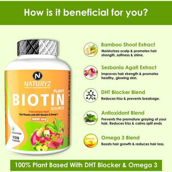 Naturyz 100% Plant Based Biotin With Dth Omega 3 For Strong Hairs, Nails, Glowing Skin (90 Tablets)