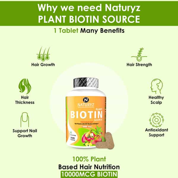 Naturyz 100% Plant Based Biotin With Dth Omega 3 For Strong Hairs, Nails, Glowing Skin (90 Tablets)