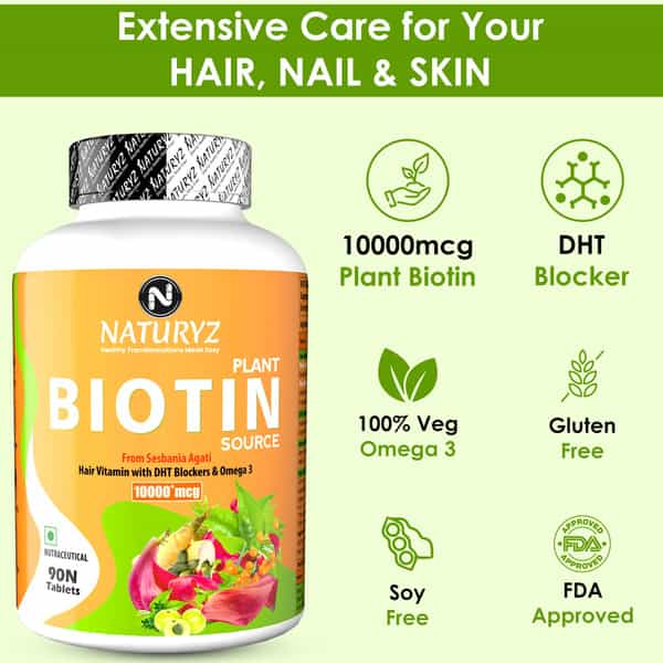 Naturyz 100% Plant Based Biotin With Dth Omega 3 For Strong Hairs, Nails, Glowing Skin (90 Tablets)