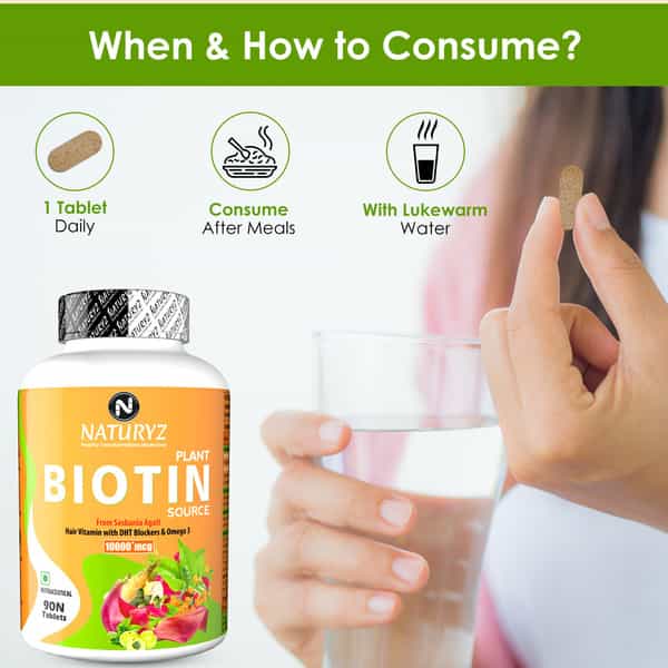 Naturyz 100% Plant Based Biotin With Dth Omega 3 For Strong Hairs, Nails, Glowing Skin (90 Tablets)