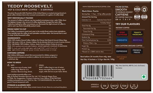 Teddy Roosevelt Hot & Cold Brew High Caffeine Coffee 8 Dips 16 Cups