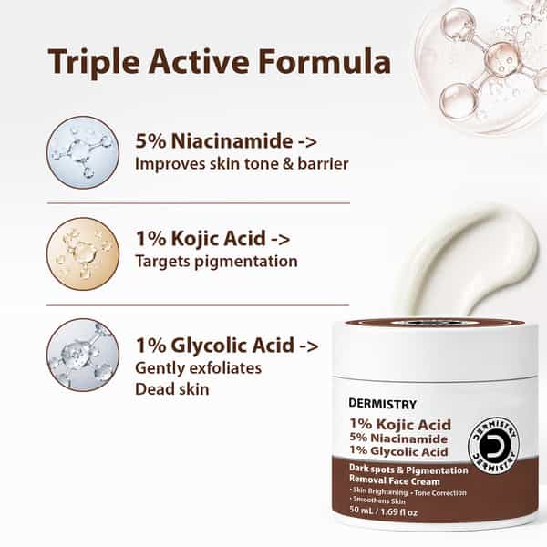 Dermistry Kojic Acid Niacinamide Glowing Skin Face Cream Pigmentation Dark Spots Tan Removal 100Ml