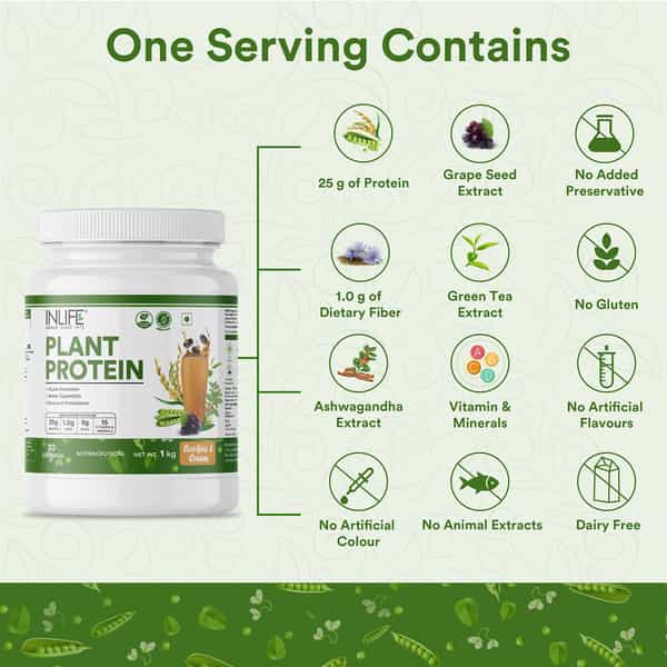 Inlife Plant Protein Powder - Pea | Quinoa & Brown Rice - 25G Protein (Cookies & Cream | 1Kg)