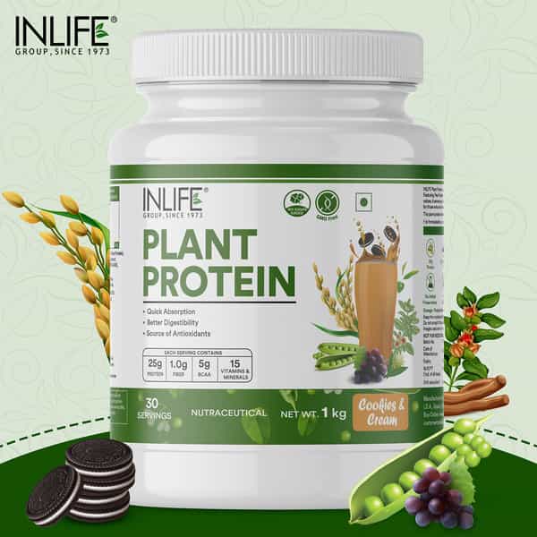 Inlife Plant Protein Powder - Pea | Quinoa & Brown Rice - 25G Protein (Cookies & Cream | 1Kg)