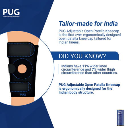 Pug Open Patella Kneecap | Adjustable Hinged Knee Brace For Wider Indian Knees | Matte Black