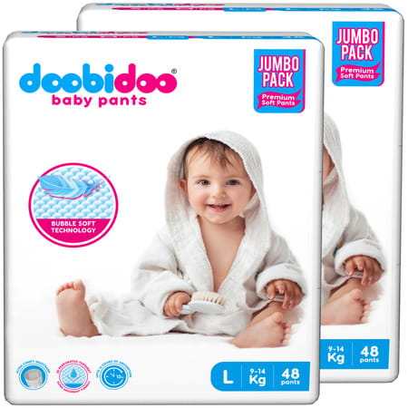 Doobidoo Baby Pants - Large Size Diapers (96 Count) - With Anti Leak Side Cuffs (9-14 Kgs)