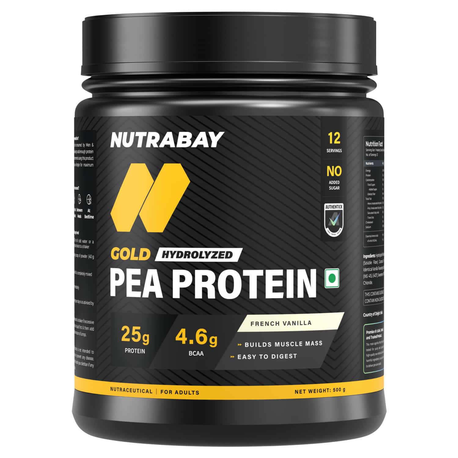 Nutrabay Gold Pea Protein Powder | 25g Protein | 4.6g Bcaa | 5g Fiber | French Vanilla - 500g