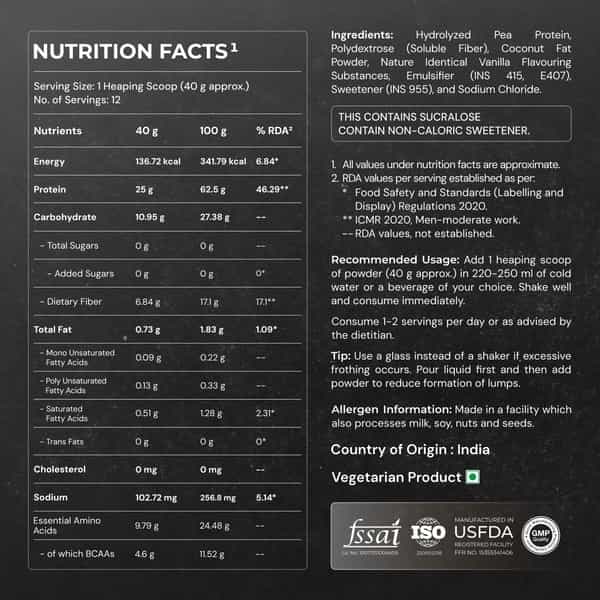 Nutrabay Gold Pea Protein Powder | 25G Protein | 4.6G Bcaa | 5G Fiber | French Vanilla - 500G