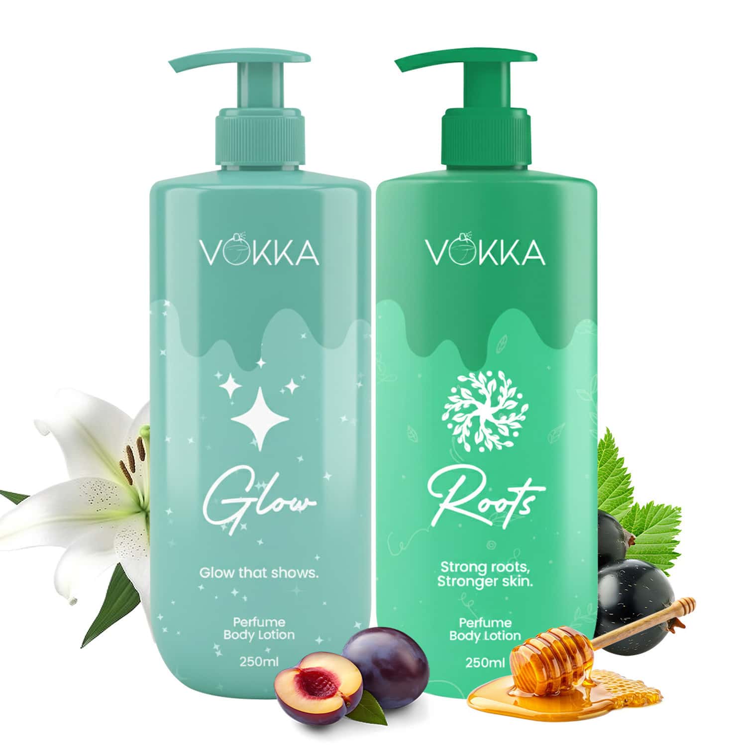 Vokka Glow & Roots Perfume Body Lotion Combo 250ml X 2 | Fruity Floral & Citrus Honey Vanilla Musk