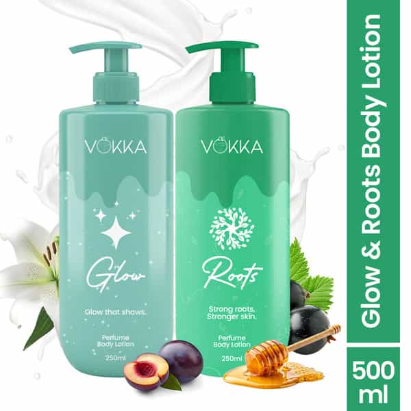 Vokka Glow & Roots Perfume Body Lotion Combo 250Ml X 2 | Fruity Floral & Citrus Honey Vanilla Musk
