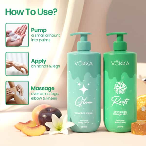 Vokka Glow & Roots Perfume Body Lotion Combo 250Ml X 2 | Fruity Floral & Citrus Honey Vanilla Musk