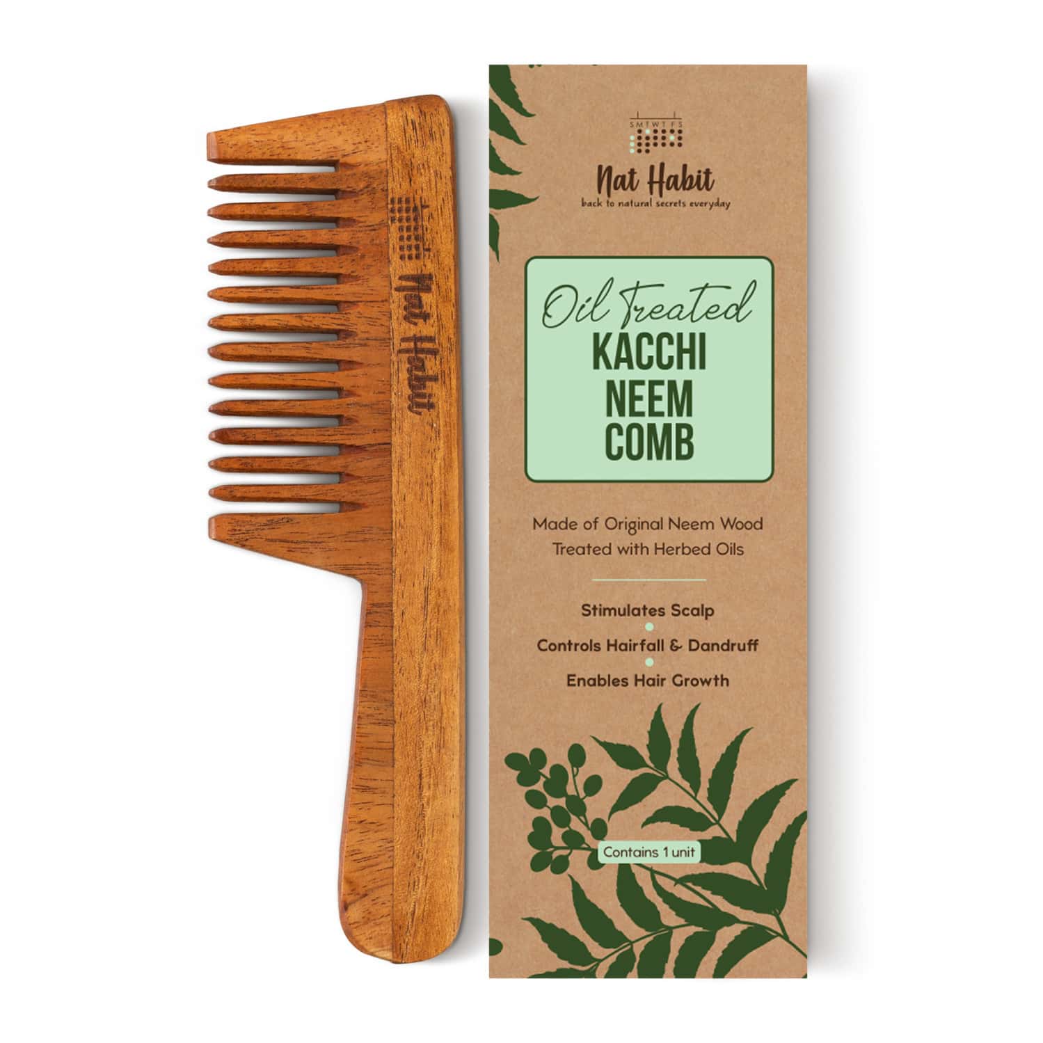 Nat Habit Kacchi Neem Comb | Wooden Comb For Hair Growth (wide Tooth)