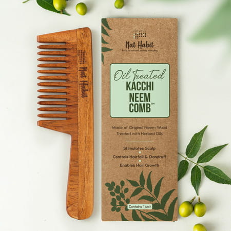 Nat Habit Kacchi Neem Comb | Wooden Comb For Hair Growth (Wide Tooth)