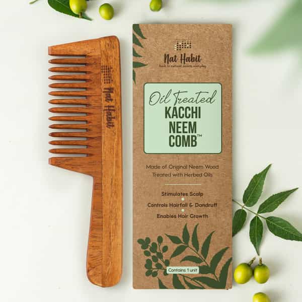 Nat Habit Kacchi Neem Comb | Wooden Comb For Hair Growth (Wide Tooth)