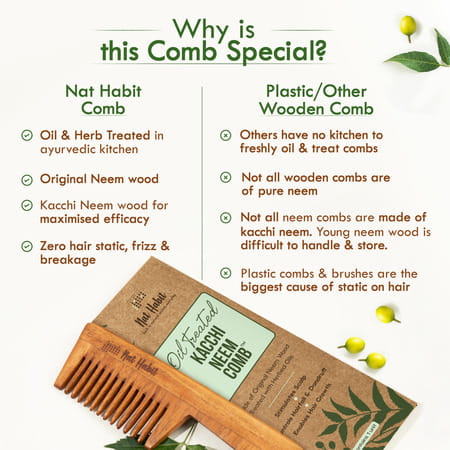 Nat Habit Kacchi Neem Comb | Wooden Comb For Hair Growth (Wide Tooth)
