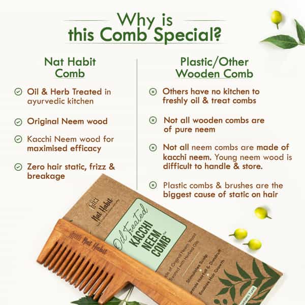 Nat Habit Kacchi Neem Comb | Wooden Comb For Hair Growth (Wide Tooth)