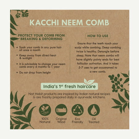 Nat Habit Kacchi Neem Comb | Wooden Comb For Hair Growth (Wide Tooth)