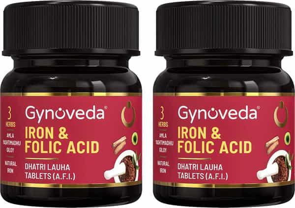 Gynoveda 14+ Iron Folic Acid Ayurvedic Blood Builder For Hemoglobin In Periods. 2 Bottle 120 Tablet