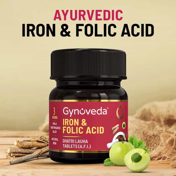 Gynoveda 14+ Iron Folic Acid Ayurvedic Blood Builder For Hemoglobin In Periods. 2 Bottle 120 Tablet