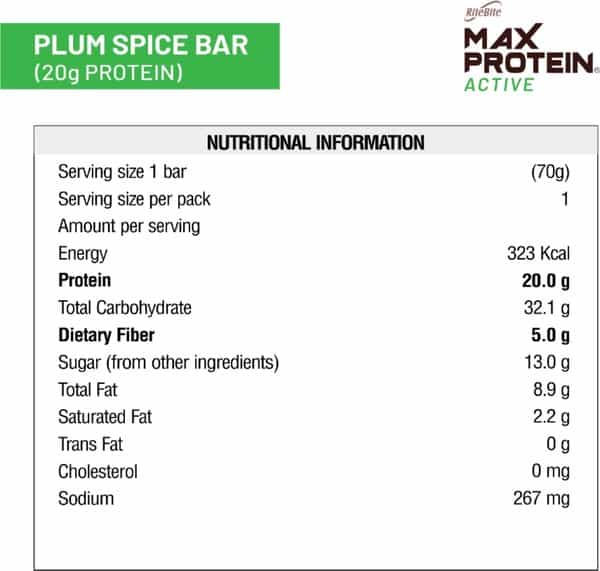 Ritebite Max Protein Active Plum Spice Bars 420G - Pack Of 6 (70G X 6)