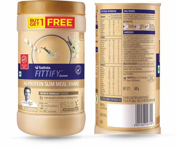 Saffola Fittify Hi-Protein Slim Meal Shake French Vanilla Buy 1 Get 1 Each Pack 420 Gm
