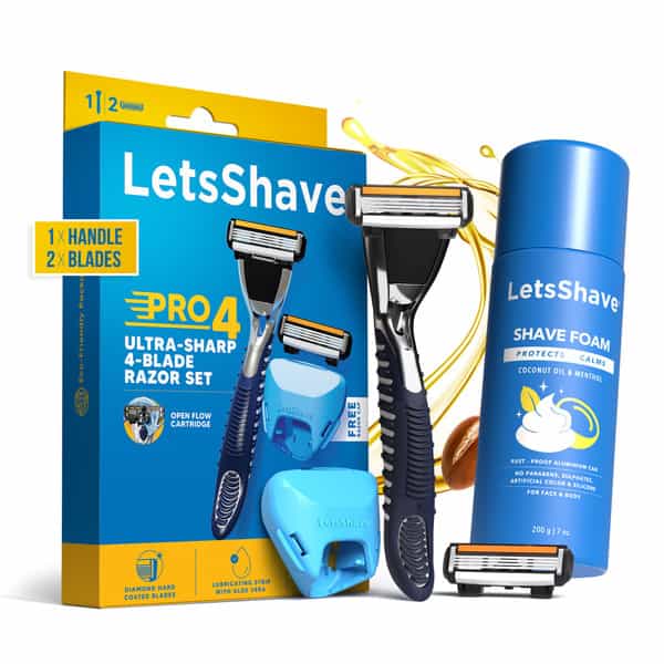 Letsshave Pro 4 Razor Trial Kit For Men - Pro 4 Blade + Razor Handle& Cap-Shave Foam