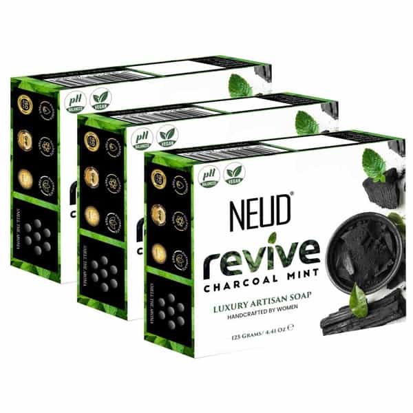 Neud Revive Charcoal Mint Luxury Handmade Soaps Bar - Pack 3 | 125Gm Each