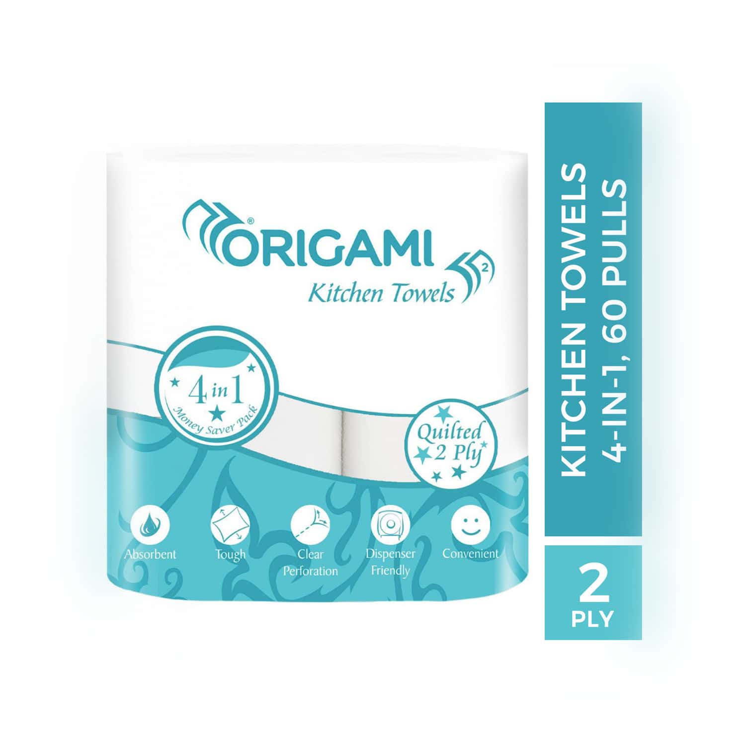 Origami Kitchen Towels | 60 Pulls | 2 Ply | 4 In 1 | 21cm X 20cm