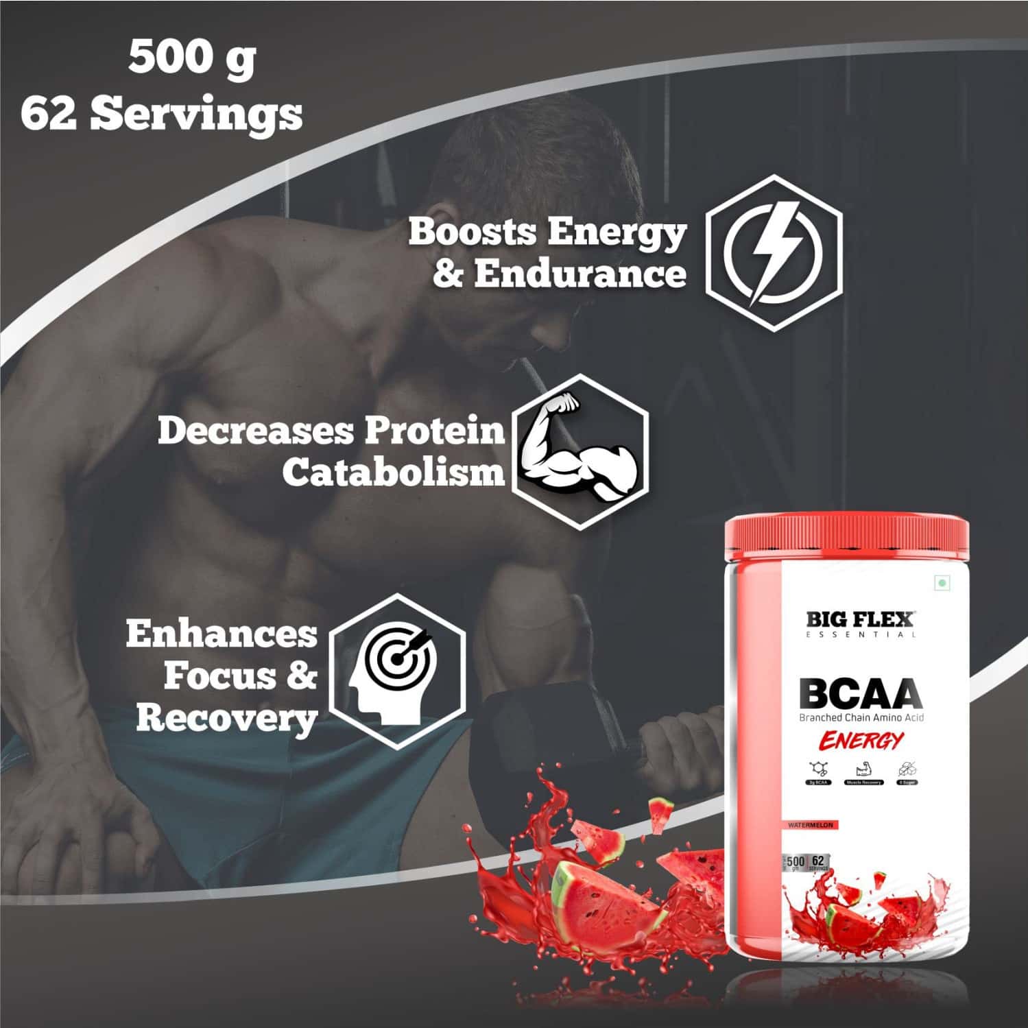 Buy BIGFLEX ESSENTIAL BCAA ENERGY WATERMELON (500GM) JAR Online & Get