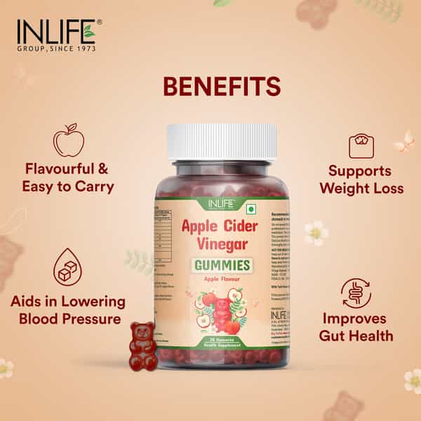 Inlife Apple Cider Vinegar Gummies For Weight Management With Folic Acid -30 Apple Flavour Gummies
