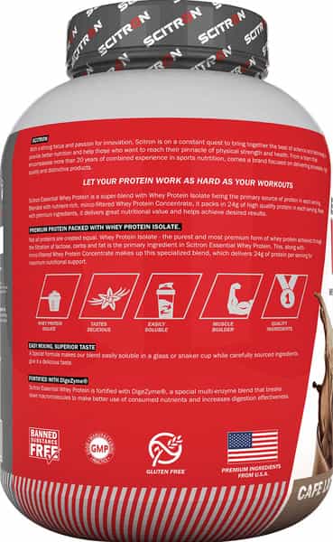 Scitron Essential Whey Protein Isolate|24G Protein, 5G Bcaas, Digezyme, Post Workout|Cafe Latte|2Kg