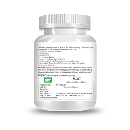 Natures Velvet Vitamin E 400 Iu | 60 Softgels