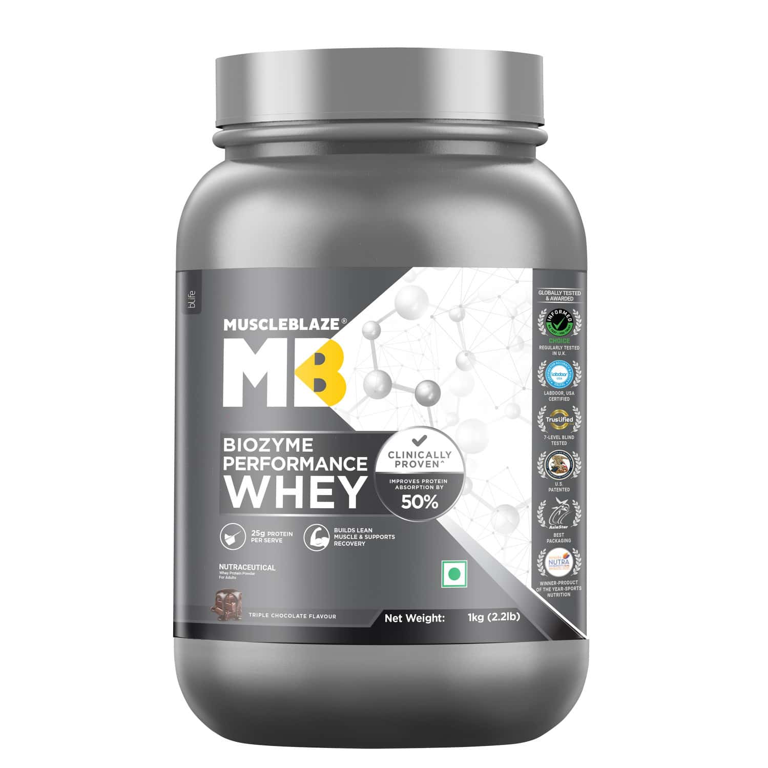 Muscleblaze Biozyme Performance Whey Protein Powder | 25g Protein Per Scoop - Triple Chocolate (1kg)