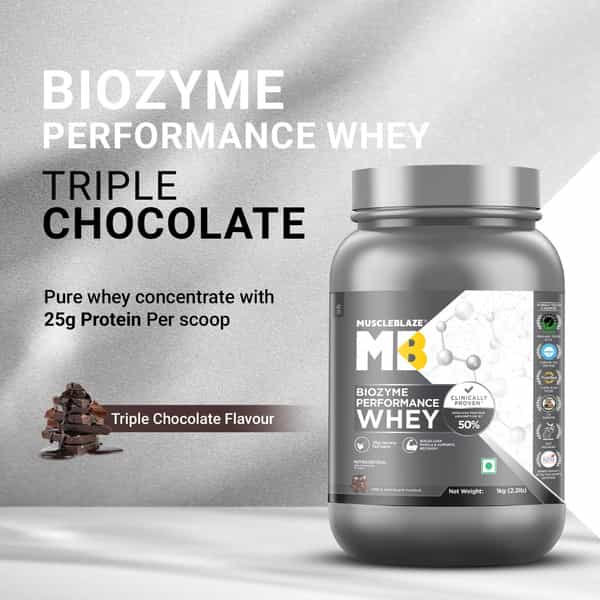 Muscleblaze Biozyme Performance Whey Protein Powder | 25G Protein Per Scoop - Triple Chocolate (1Kg)