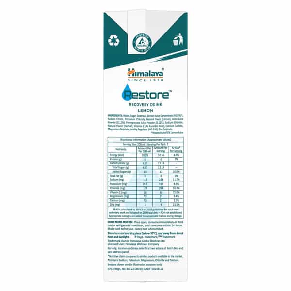 Himalaya Restore Revocery Drink | Lemon Flavor | Instant Energy | 5 Vital Electrolytes | 200 Ml