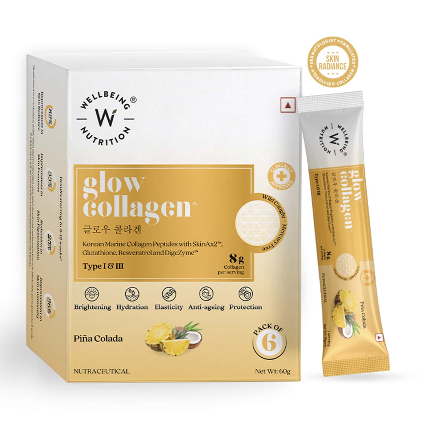 Wellbeing Nutrition Glow Korean Marine Collagen Type 1 & 3 Peptides - Pinacolada 6 Sachets