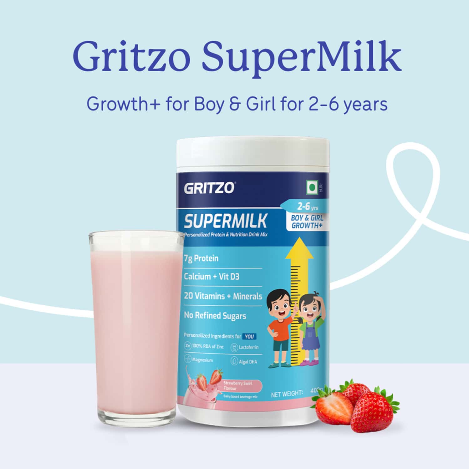 Gritzo Supermilk Growth+ | 2-6y Boys & Girls | 7g Protein | Strawberry Swirl | 400 Gm