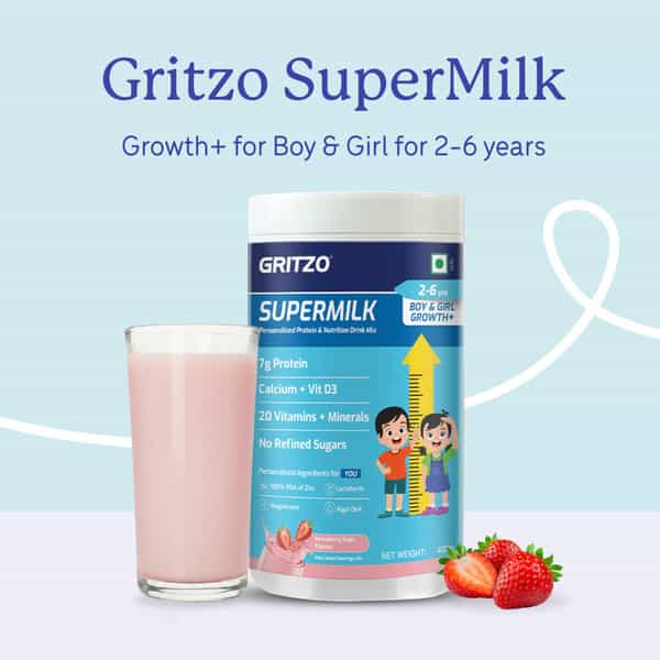 Gritzo Supermilk Growth+ | 2-6Y Boys & Girls | 7G Protein | Strawberry Swirl | 400 Gm
