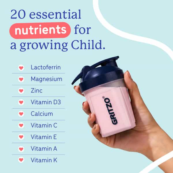 Gritzo Supermilk Growth+ | 2-6Y Boys & Girls | 7G Protein | Strawberry Swirl | 400 Gm
