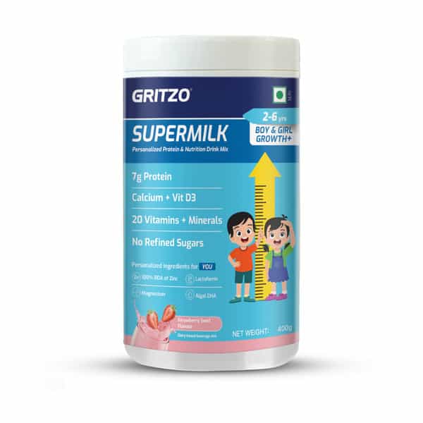 Gritzo Supermilk Growth+ | 2-6Y Boys & Girls | 7G Protein | Strawberry Swirl | 400 Gm