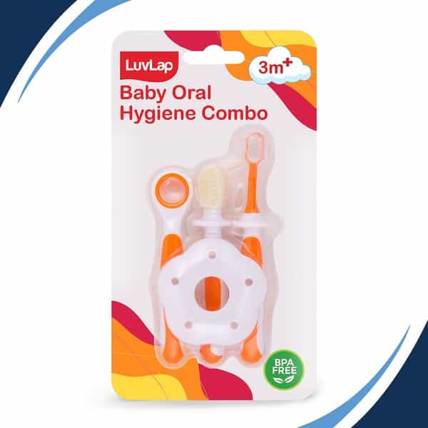 Luvlap Baby Training Toothbrush Set With Anti Choking Shield Teeth Tongue Cleaner 3 Pc(White/Orange)