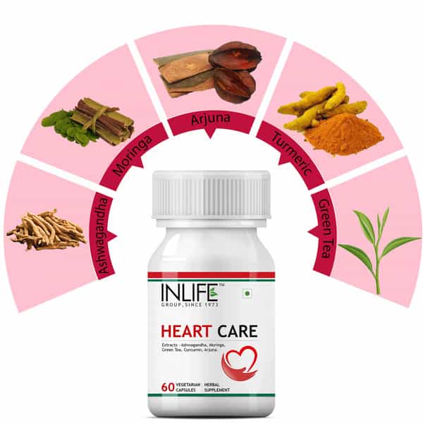 Inlife Heart Care Supplement Arjuna Moringa Ashwagandha Green Tea Curcumin -60 Vegetarian Capsules