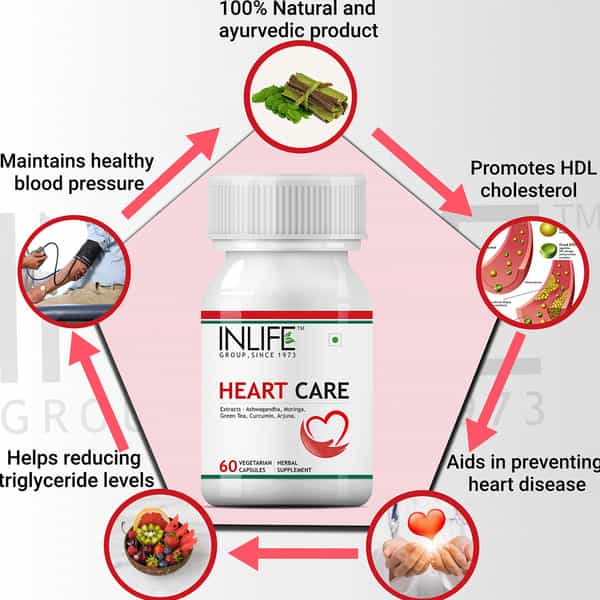 Inlife Heart Care Supplement Arjuna Moringa Ashwagandha Green Tea Curcumin -60 Vegetarian Capsules