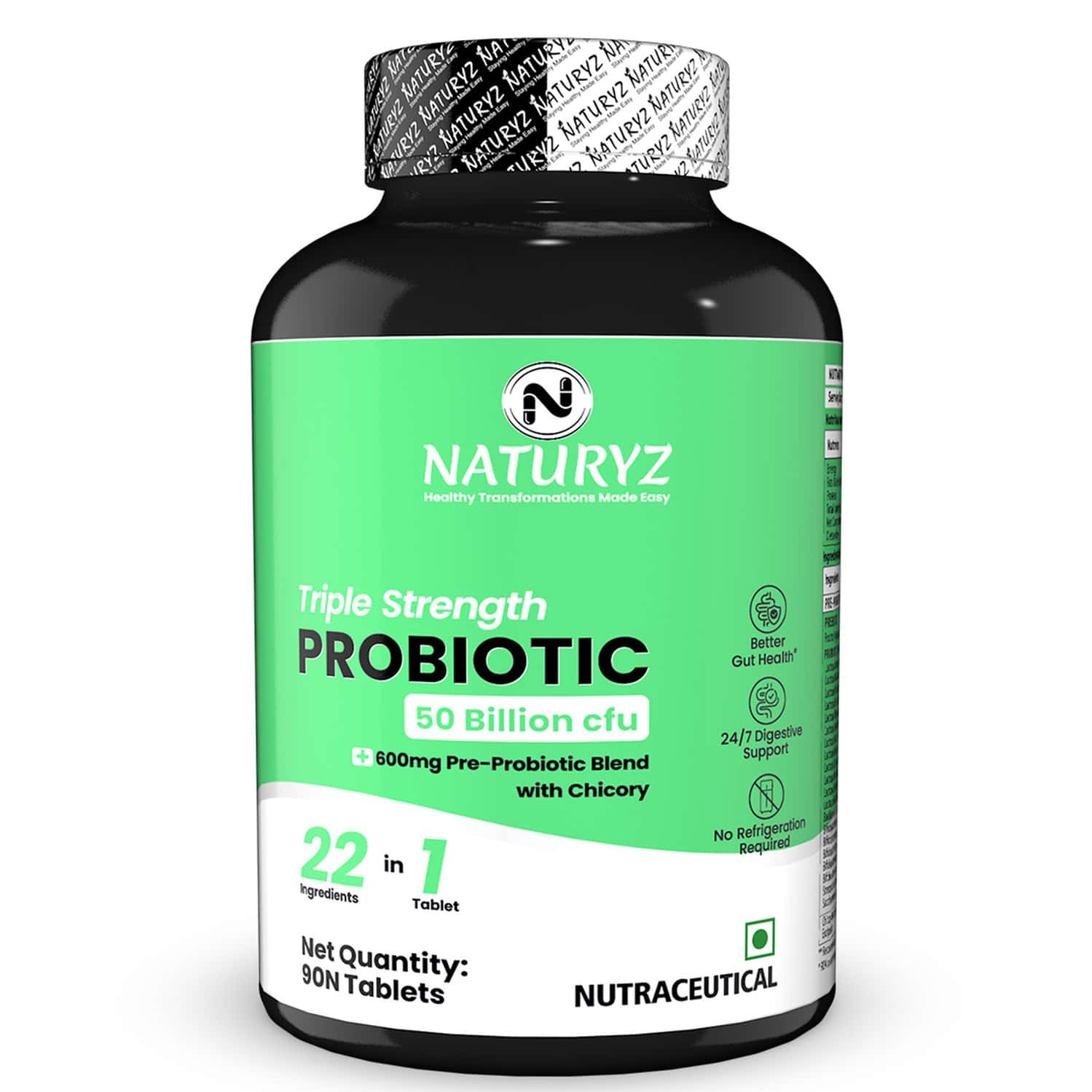 Naturyz Triple Strength Probiotic 50 Bn Cfu & 600mg Prebiotics For Gut Health - 90 Tablets
