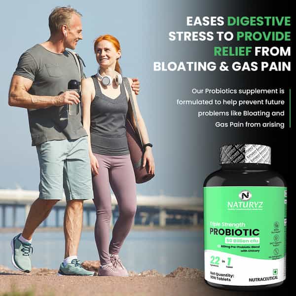 Naturyz Triple Strength Probiotic 50 Bn Cfu & 600Mg Prebiotics For Gut Health - 90 Tablets