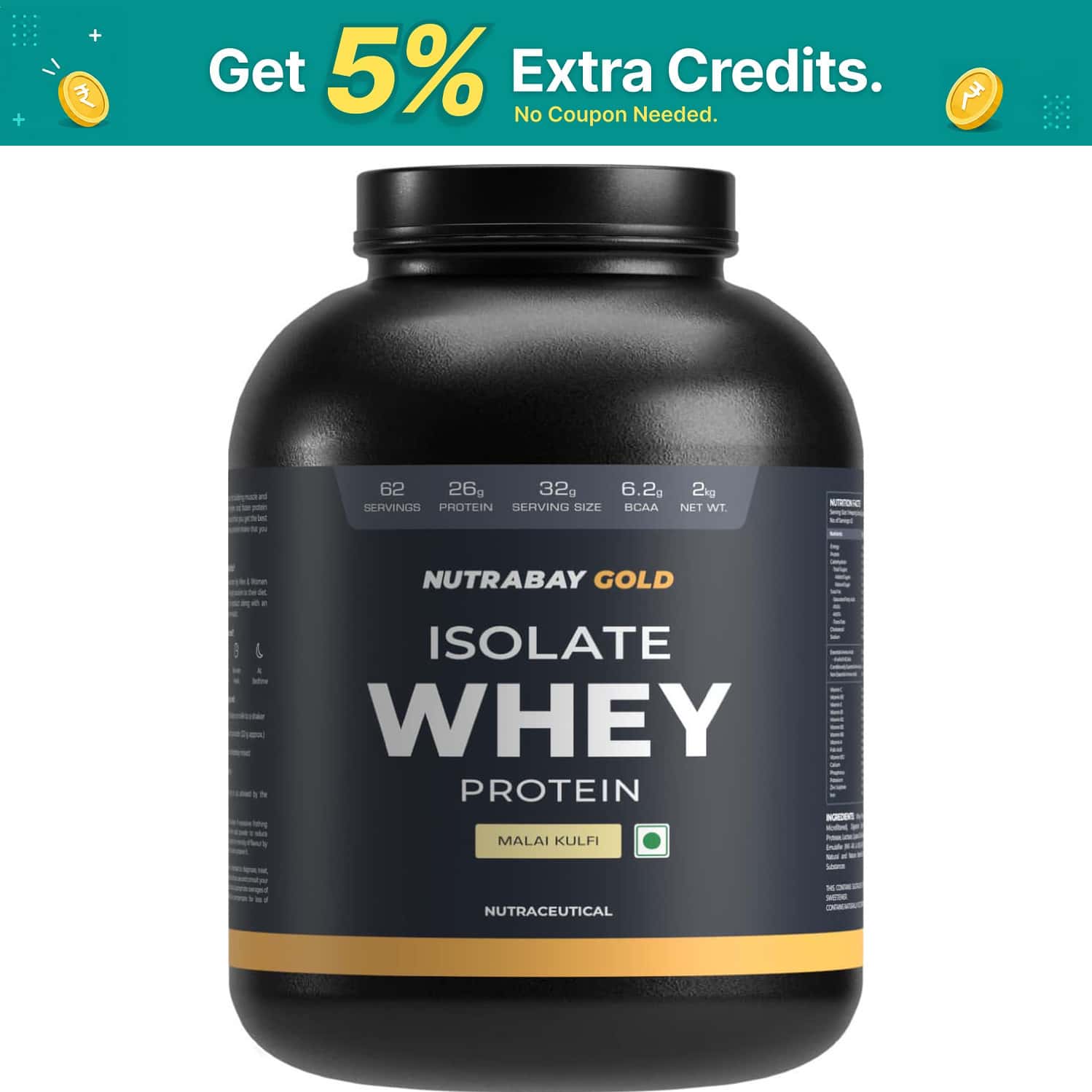 Nutrabay Gold 100% Whey Protein Isolate|26g Protein|Muscle Support & Recovery|Malai Kulfi | 2 Kg