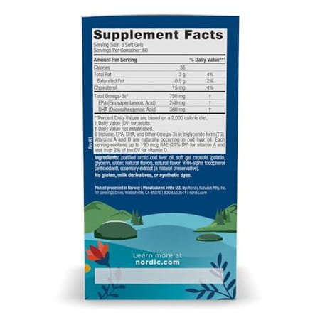 Nordic Naturals Arctic Cod Liver Oil 750 Mg Omega 3 Fish Oil Epa & Dha Supplement 180 Softgels