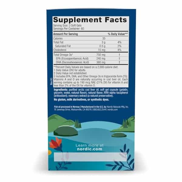 Nordic Naturals Arctic Cod Liver Oil 750 Mg Omega 3 Fish Oil Epa & Dha Supplement 180 Softgels