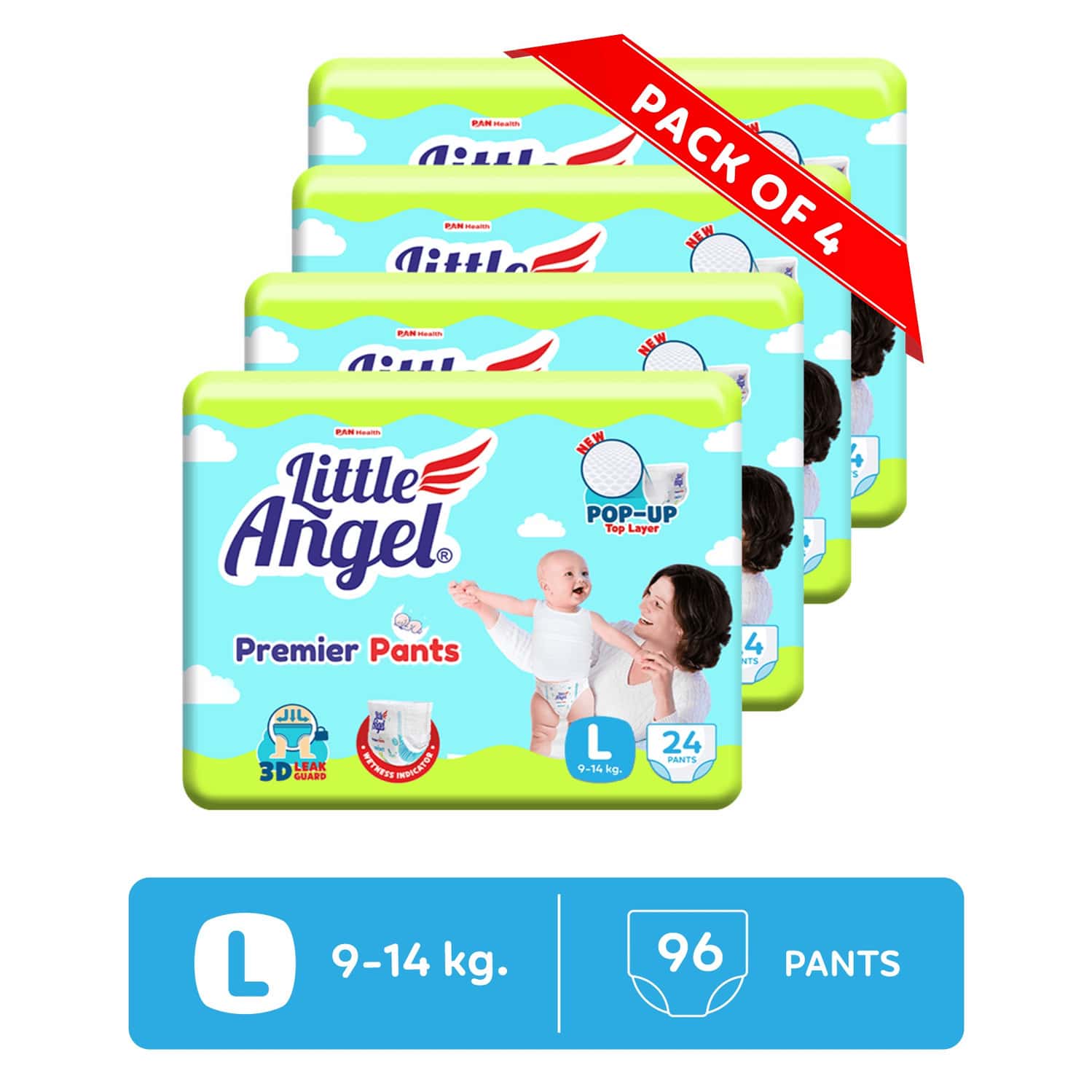 Little Angel Premier Pants Baby Diapers Large (L) Size 96 Count Pack Of 4 24 Count/Pack 9-14 Kg