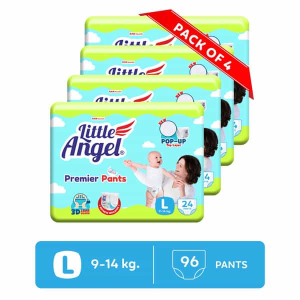 Little Angel Premier Pants Baby Diapers Large (L) Size 96 Count Pack Of 4 24 Count/Pack 9-14 Kg
